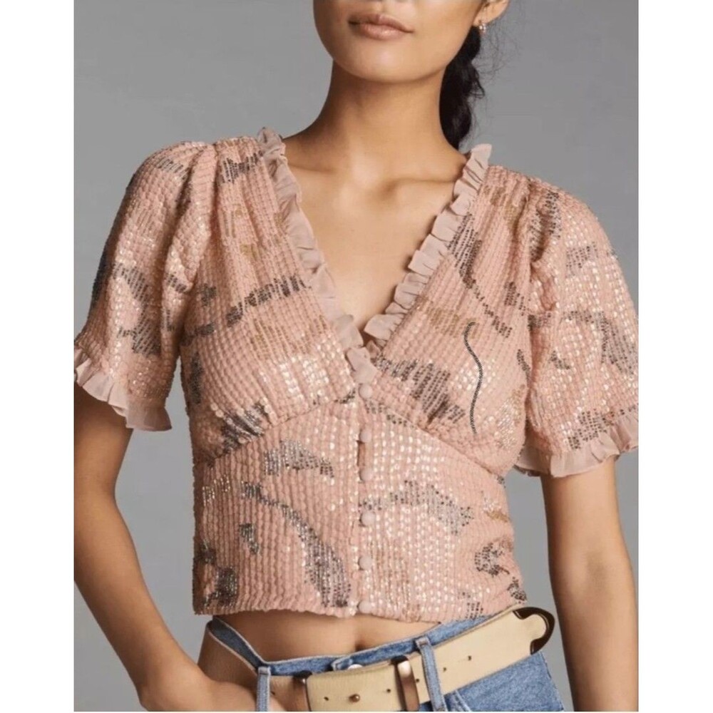 Anthropologie Forever That Girl Sequin Top Ruffle Trim Blouse Party XS